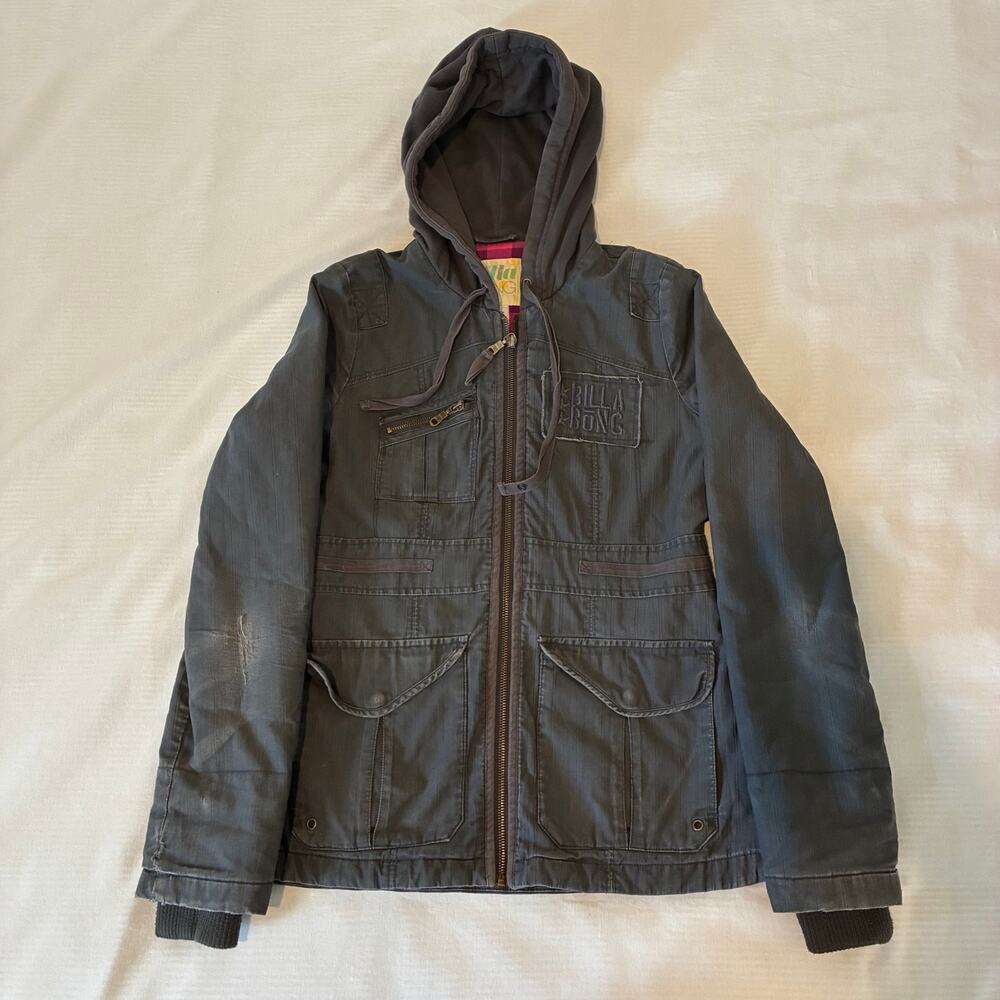 Vintage Billabong Utility Jacket Womens Medium Gray Hooded Twilight Plaid Lined